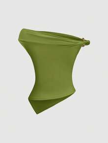 Sweetra 女士夏季欧美时尚纯色三件套，金属装饰扭结下摆不对称下摆修身休闲通勤百搭T恤 - 彩色 - 查看 6