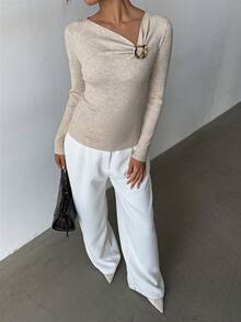 Selianne 女士优雅修身不对称金属扣装饰长袖毛衣，春夏款 - 杏色 - 查看 4