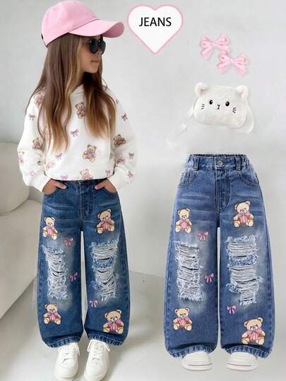SHEIN ChillGRL Young Girls Printed Denim Wide-Leg Pants, Cute And Sweet Casual Fashion Recommended! Classic Washed Blue Denim Comfortable Fabric, Cartoon Element Printed Pattern, More Eye-Catching, High-Waist Elastic Waistband + Fake Chain Decoration Design, Easy To Put On And Take Off, Straight-Leg Silhouette, Flattering Leg Shape. Suitable For Daily Outings, Campus Casual, Weekend Trips, Back To School Season, Vacation, Etc., Making Every Day Of The Child Filled With Fashion And Vitality!