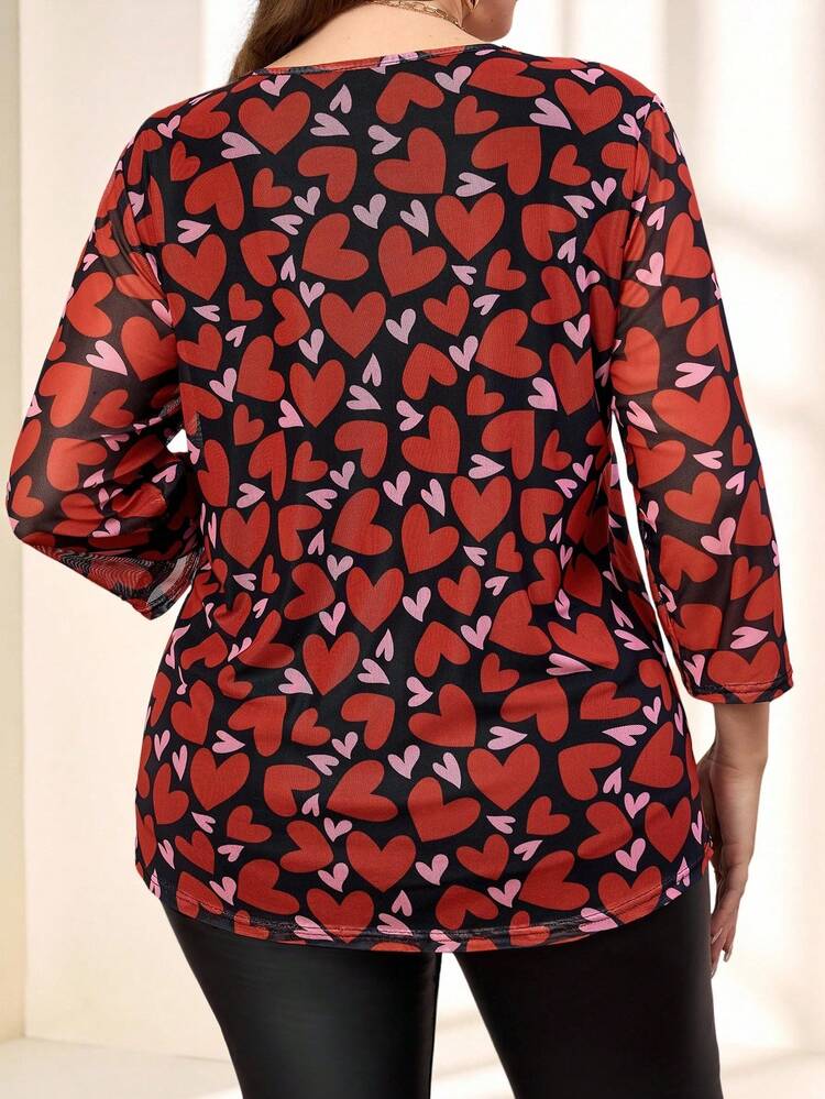 Blouse à imprimé cœur rouge 3/4 manches pour grandes tailles, été/Saint-Valentin, vacances de printemps, Saint-Valentin, vacances, sortie, nouveauté 2026, simple et à la mode pour un port quotidien, élégante et décontractée pour les fêtes