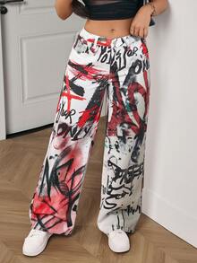 SHEIN PETITE 女士字母印花休闲百搭日常穿着阔腿牛仔裤 - 彩色 - 查看 3