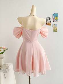 Soleia Elegant Off-Shoulder Tube Top Tie Strap Mini Princess Dress, Cream Yellow, Suitable For Afternoon Tea, Brunch, Puff Sleeves, Graduation, Wedding, Easter, Graceful - Pink - View 2