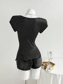 Elamini Women's Deep V-Neck Ruched Embellished Button Polka Dot Knit T-Shirt Vintage Western Goth - Black - View 2