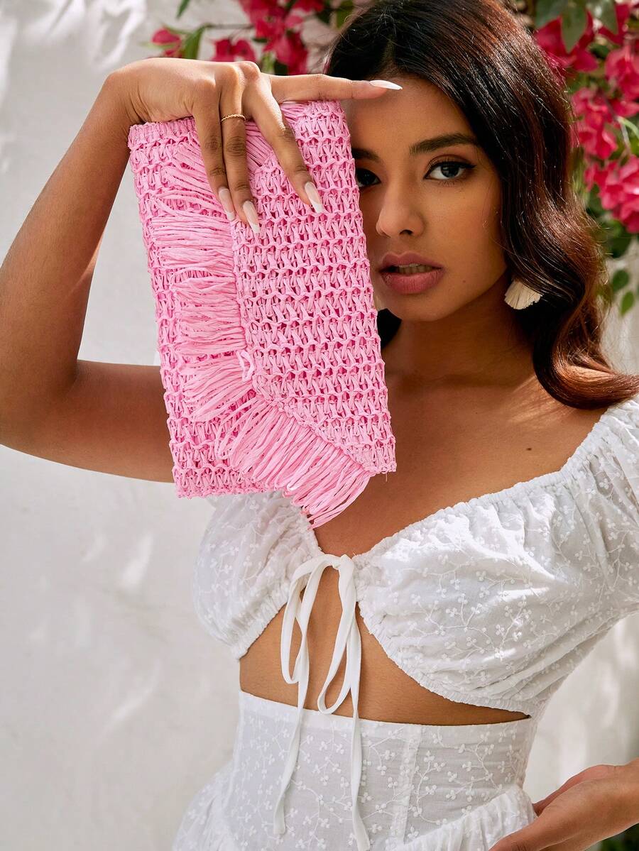 SHECARRY Woven Straw Clutch Bag For Teenagers, Fashionable Clutch Bags For Woman - Baby Pink - View 1