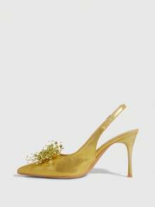 CUCCOO SZL 女士尖头细跟金色珠饰立体装饰时尚性感派对宴会夜店高跟鞋露跟女鞋情人节特惠 - 金色 - 查看 8