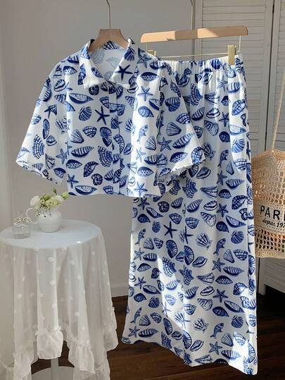 Comfortcana Women's Solid Color Lapel Single-Breasted Starfish & Shell Decor Top And Pants Casual Suit Summer Outfit For Women