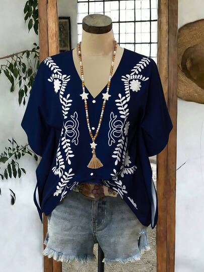 Linhara Women's Plus Size Solid Navy V-Neck Pearl Button Embroidered Floral Print Short Sleeve Raglan Sleeve Loose Casual Commuter Daily Versatile Summer New Blouse Top