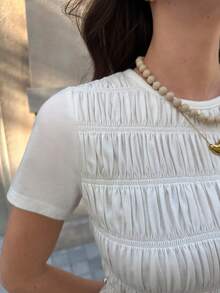 Solivie Women's Casual Short Sleeve Ruffle Hem T-Shirt, Summer White Smocked Top White Ruffled Top - White - View 8