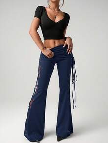 SHEIN ICON Women's Black Lace Side Splice Waist Drawstring Flare Pants, Sexy & Vacation Style - Navy Blue - View 4