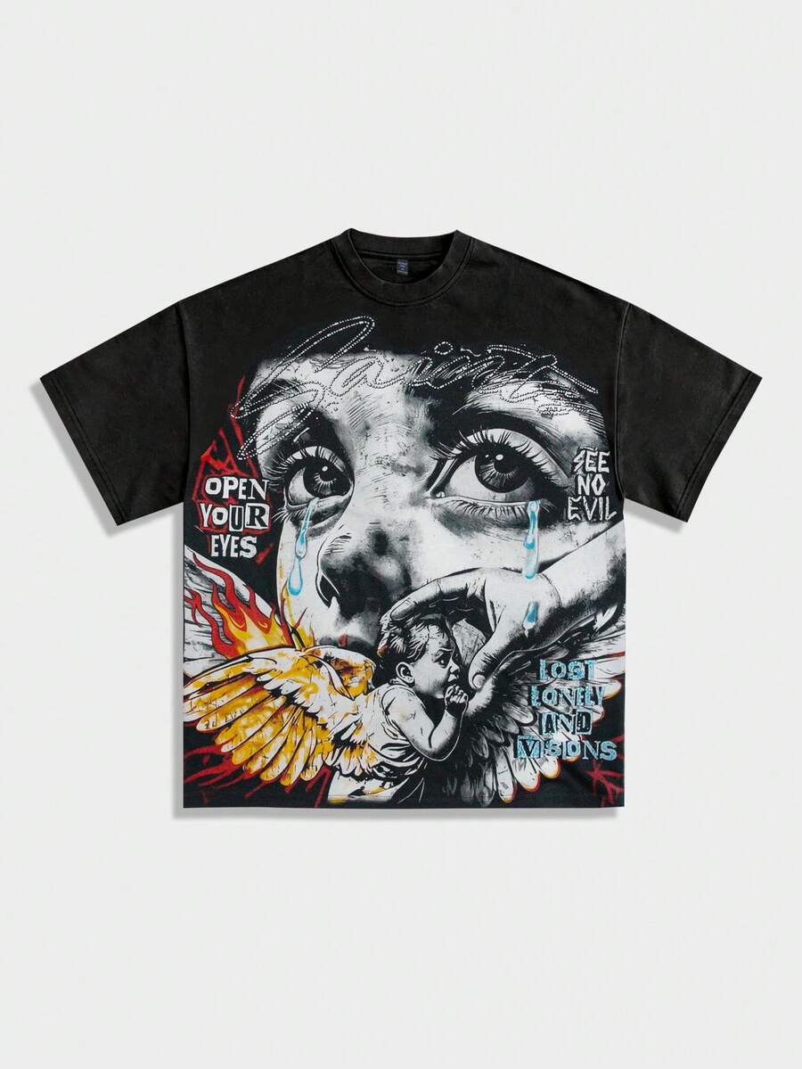 ROMWE MEN Street Life Camiseta casual de manga corta con cuello redondo y estampado de moda, para verano - Negro - Ver 1
