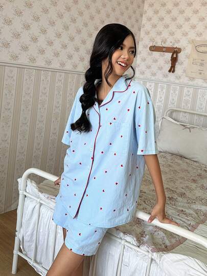 DAZY 少女爱心印花短袖纽扣上衣和短裤睡衣套装