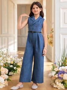 SHEIN Tween Girl Elegant Collared Sleeveless Jumpsuit, Comfortable & Minimalist Design - Royal Blue - View 3