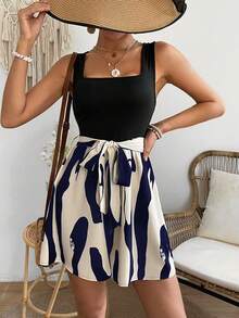 Breezaya Women's Solid Color & Printed Patchwork Square Neck Sleeveless Jumpsuit - Royal Blue - View 3