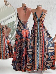 Franclia 女款深藍色花卉夏季波西米亞風牙買加海灘度假休閒V領細肩帶寬鬆長洋裝，阿拉伯土耳其式阿巴亞套裝 - 彩色 - 查看 6
