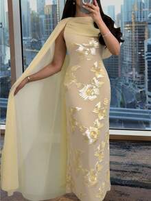 Modelyn New Design Asymmetric Sleeve Elegant Embroidered Cinched Waist Romantic Luxurious Party & Holiday Dress - Pale Yellow - View 5