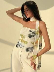 Aloruh Parte superior tubo con volantes con estampado floral y efecto tie-dye elegante y romántico para mujer - Amarillo claro - Ver 4