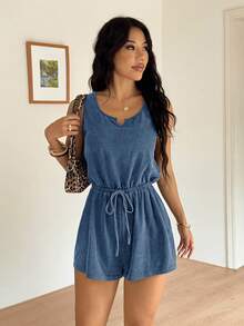 SHEIN EZwear 复古做旧蓝色针织弹力连体裤 女士夏季连体裤 牛仔连体裤 女士休闲连体裤 连衣裙连体裤 短款连体裤 女士休闲装 牛仔连体裤 女士短款连体裤 夏季女士连体裤 女士夏季装扮 - 藍色 - 查看 4