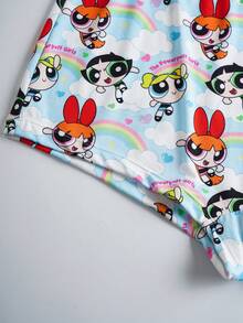 THE POWERPUFF GIRLS X SHEIN 大码可爱卡通图案露背文胸和内裤套装 - 藍色 - 查看 4