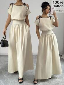 Siren Gaze Summer Outfits For Women Women's Contrast Trim Knot Pocket Casual Long Dress - Apricot - View 1