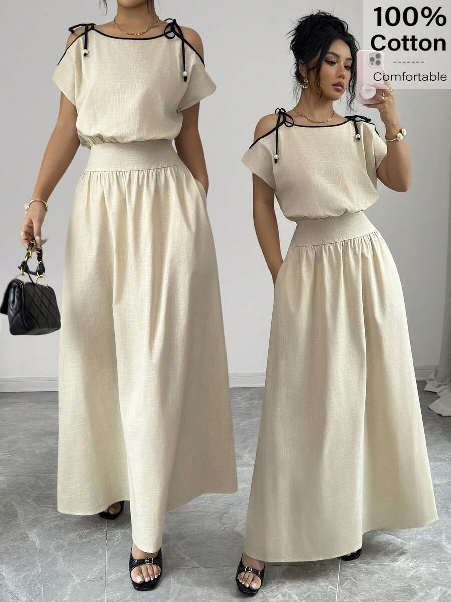 Siren Gaze Summer Outfits For Women Women's Contrast Trim Knot Pocket Casual Long Dress - Apricot - View 1