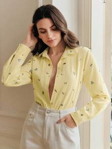 Anewsta Elegant Commuter Fresh Women's Yellow Embroidered Cotton-Polyester Blouse - Yellow - View 3
