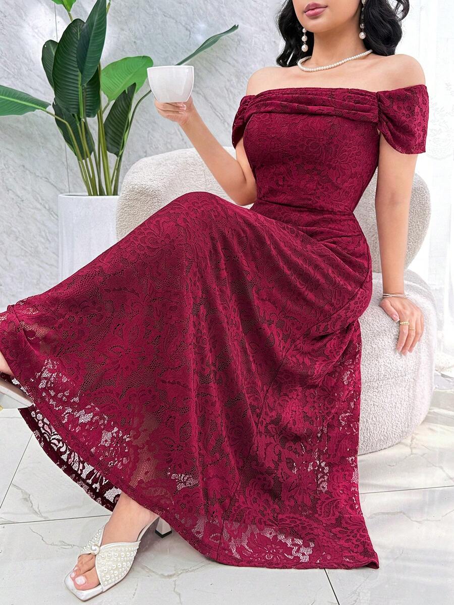 Feyla Đầm nữ màu trơn, kiểu dáng thanh lịch, trễ vai, ôm sát. - Màu Đỏ Sâu - Xem 1
