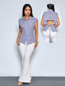 SOLERSUN Women's Vintage Blue & White Striped Collar Sleeveless Backless Tie Waist Casual Sexy Blouse, Y2K Sexy Backless Striped Blouse Sleeveless Tie Waist Club Party Shirt, Beach Vacation Striped Backless Blouse Sleeveless Tie Waist Loose Casual Summer Shirt (Random Floral) - Royal Blue - View 1