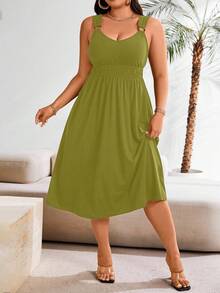 EMERY ROSE Plus Size Yellowish-Green Pleated Casual Summer Dress Maxi Women Outfit - Green - View 1