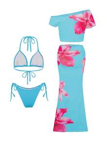 Bonvoyette 四件套女士度假套装：露背印花比基尼上衣、泳裤、长裙和罩衫。女士夏季服装、女士度假服装、女士碎花套装、夏季节日服装、派对服装、沙滩服装、婚礼宾客礼服、优雅女士连衣裙。 - 藍色 - 查看 8