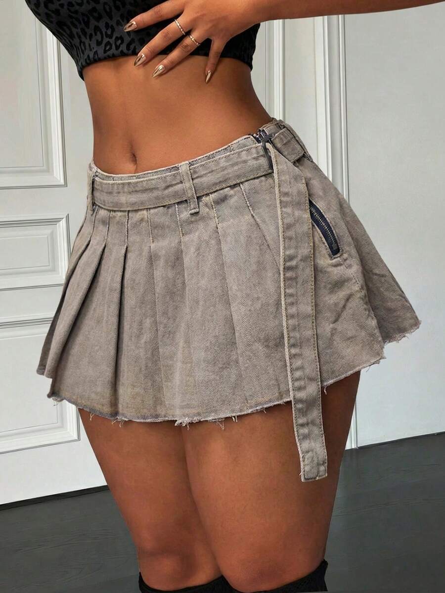 SHEIN ICON 女士腰带设计褶皱休闲百搭日常牛仔迷你裙 - 棕色 - 查看 1