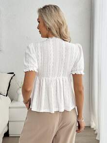 Louniche 女士针织提花T恤，V领荷叶边泡泡袖短袖T恤 - 白色 - 查看 2