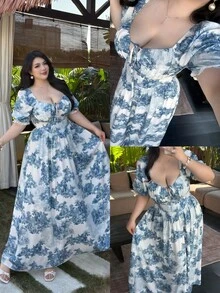 Vibekara Plus Size Elegant Floral Print Tie Waist Dress, Spring And Summer - Blue - View 1