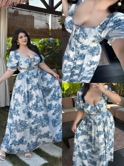 Vibekara Plus Size Elegant Floral Print Tie Waist Dress, Spring And Summer