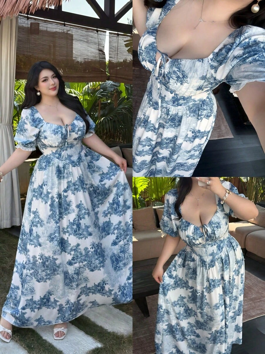 Vibekara Plus Size Elegant Floral Print Tie Waist Dress, Spring And Summer - Blue - View 1