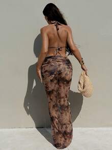 Swim Oasis 女士露背吊带随机印花泳衣带裙 - 咖啡棕 - 查看 2