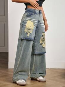 SHEIN PETITE 女士休闲水洗做旧阔腿牛仔裤 - 藍色 - 查看 4