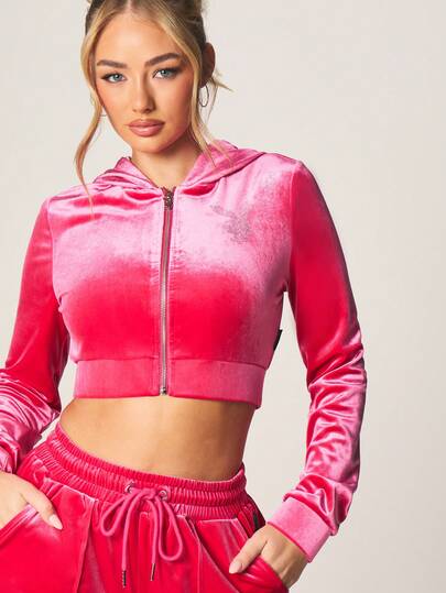 Missguided x Playboy Sudadera corta con cremallera delantera de terciopelo rosa con strass, manga larga, casual, cómoda para otoño e invierno