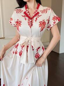 DAZY 女士优雅印花系带中长连衣裙，配西装领，夏季婚礼宾客礼服 - 紅色 - 查看 5