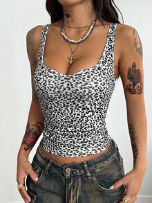 Coolane 女士豹纹针织无袖U领休闲罗纹背心 - 黑與白 - 查看 5