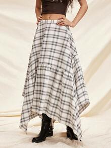 Easelle Plaid Woven Asymmetrical Hem Women Skirt Summer Spring Going Out Vacation Outfits Women Casual  Ruffle Apricot - Multicolor - View 4