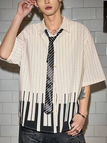 ROMWE MEN Grunge Punk Men's Striped Short Sleeve Single-Breasted Casual/Business Shirt - White - View 5