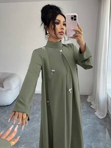 Yasmyna Women's High Neck Long Sleeve Arabic Style Dress With 3D Decor - Green - View 5