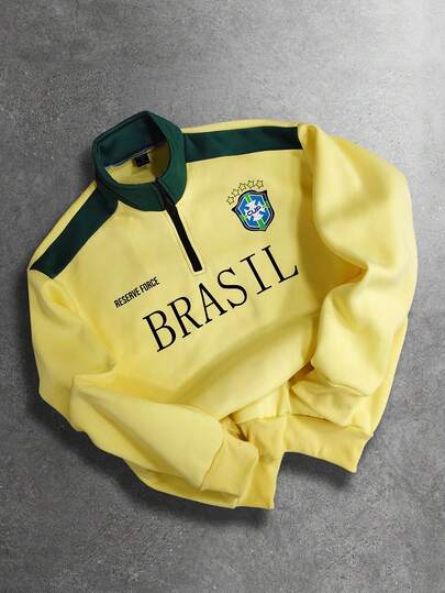 ROMWE MEN Men's Casual Contrast Color Letter Print Pullover Sweatshirt, Autumn/Winter