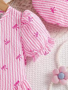 SHEIN 2件套女婴夏季可爱条纹蝴蝶结印花粉色连衣裙和配套贝雷帽，经典格子印花设计，时尚廓形，适合宝宝日常穿着和外出活动。 - 粉色 - 查看 8