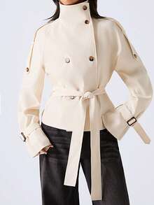 LYSMO 女士立领腰带设计纽扣休闲百搭日常长袖风衣外套 - 紫色 - 查看 4