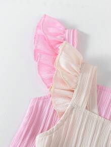 2pcs/Set Sweet Solid Color Casual Versatile Jumpsuits For Young Girls, Featuring Ruffle Strap Decor And Vertical Texture Fabric, Sleeveless, Soft & Comfortable, Suitable For Spring & Autumn, Fits Ages 4Y-7Y - Multicolor - View 5