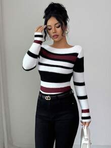 SHEIN Elenzya 优雅多色露肩长袖女士时尚修身针织套头毛衣，适合通勤、秋冬季穿着 - 酒紅色 - 查看 3