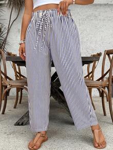 SHEIN VCAY Plus Size Casual Fashion Paper Bag Waist Loose Striped Pants For Women - Blue - View 4