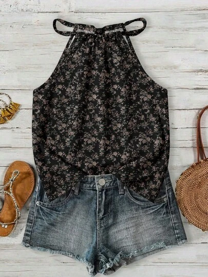 Women's Ditsy Floral Halter Neck Camisole, Suitable For Spring/Summer