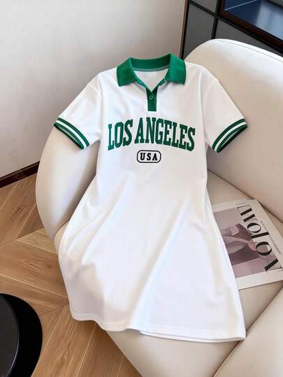 女童休闲Polo领短袖T恤裙，宽松版型，撞色设计，罗纹领口和袖口，英文字母印花，适合日常休闲和返校穿着，春夏款